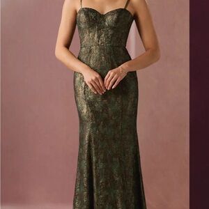 Azazie Metallic Green Lace Maxi Dress